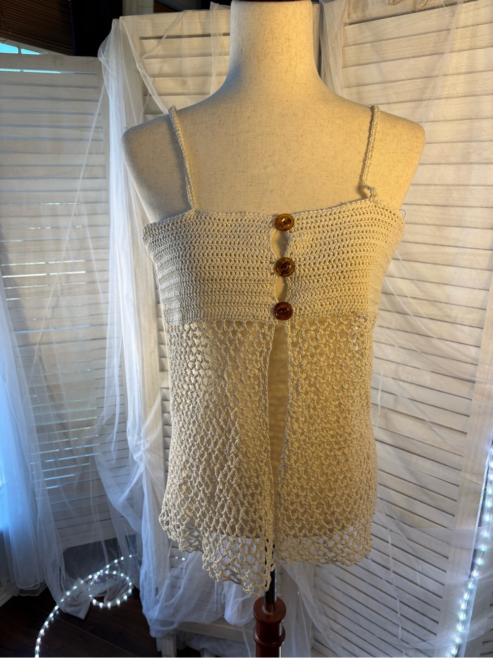 Cream Crochet Button-Front Spaghetti-Strap Camisole- adjustable
